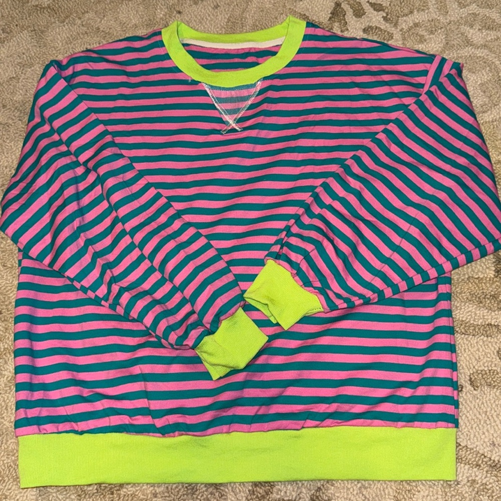 Oversize shirt, pink and green stripe w/ lime green trim size S non-smoking home